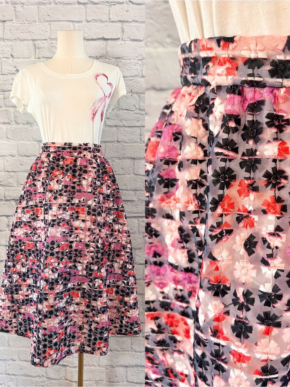 2 Piece Styled Outfit NY&CO White Tee Heart Pink Sam Edelman Textured Midi Skirt